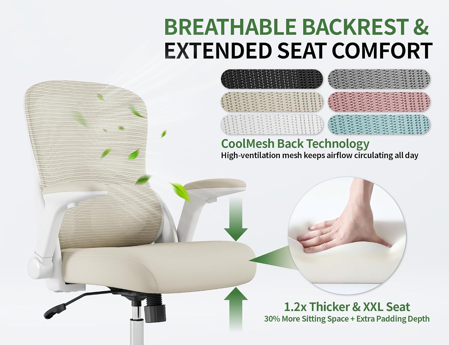Ergonomic Office Chair - Home Office Desk Chairs Comfy, Computer Chair Ergonomic, Office Chairs with Lumbar Support, Executive Task Chair for Adults, Comfortable for Long Hours (White Beige)