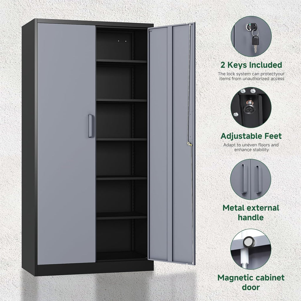 Letaya Metal Storage Cabinets with Lock Door and 5 Adjustable Shelves, Steel Garage Tool Organization Cabinets for Home,Utility Room, Warehouse,Lockers(71'-Black Gray) | Lock Door, 5 Adjustable Shelves, Garage, Lockers