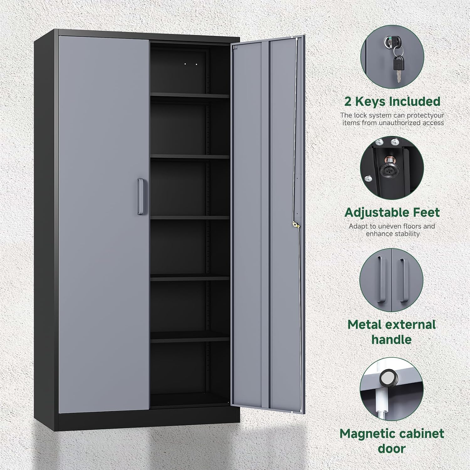 Letaya Metal Storage Cabinets with Lock Door and 5 Adjustable Shelves, Steel Garage Tool Organization Cabinets for Home,Utility Room, Warehouse,Lockers(71'-Black Gray) | Lock Door, 5 Adjustable Shelves, Garage, Lockers