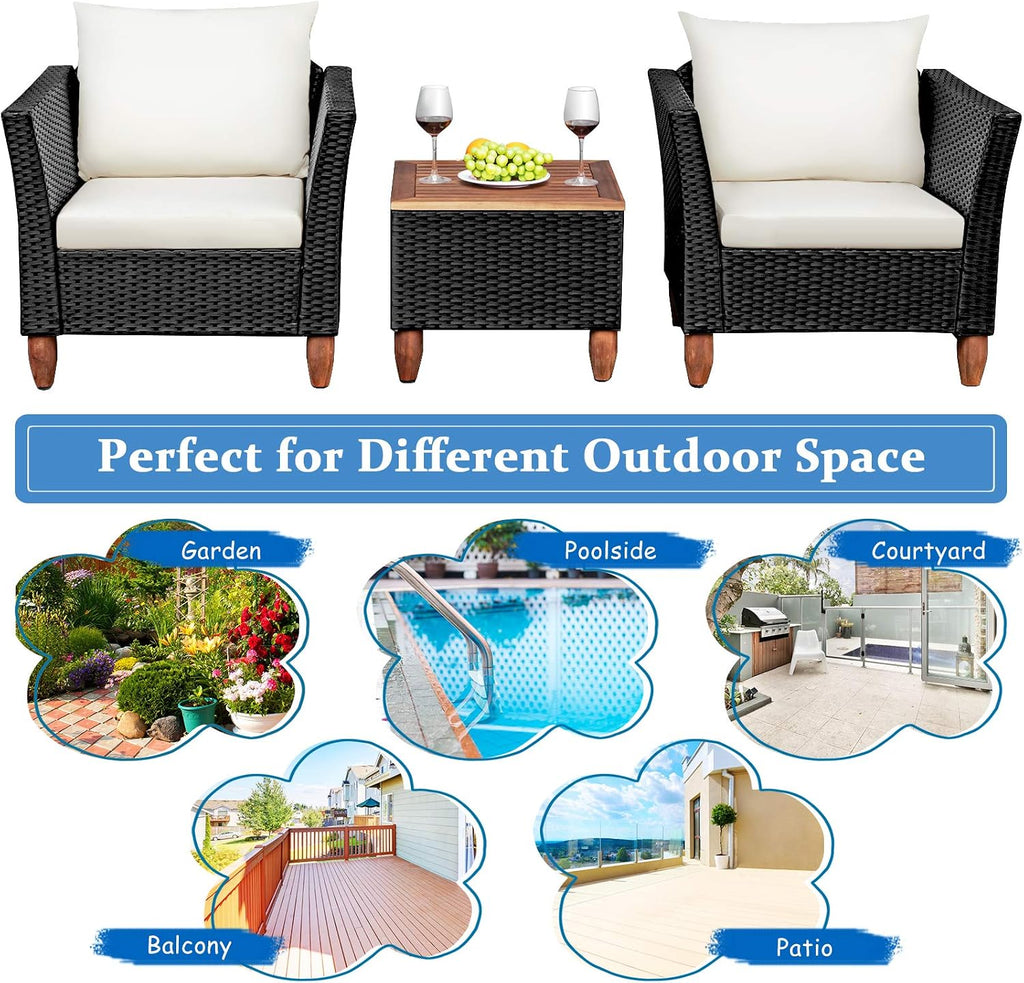 COSTWAY 3 Pieces Patio Rattan Furniture Set, Outdoor Wicker Conversation Chairs Set with Acacia Wood Coffee Table & Washable Cushion, Porch Furniture Bistro Set for Balcony, Garden, Backyard, White