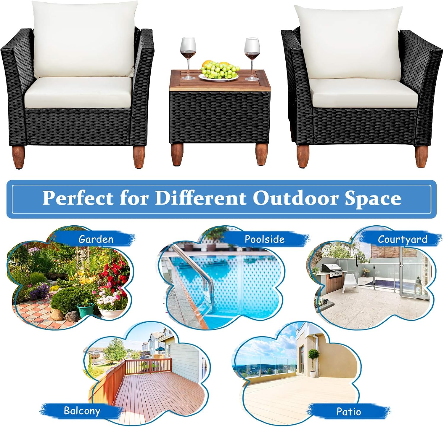 COSTWAY 3 Pieces Patio Rattan Furniture Set, Outdoor Wicker Conversation Chairs Set with Acacia Wood Coffee Table & Washable Cushion, Porch Furniture Bistro Set for Balcony, Garden, Backyard, White