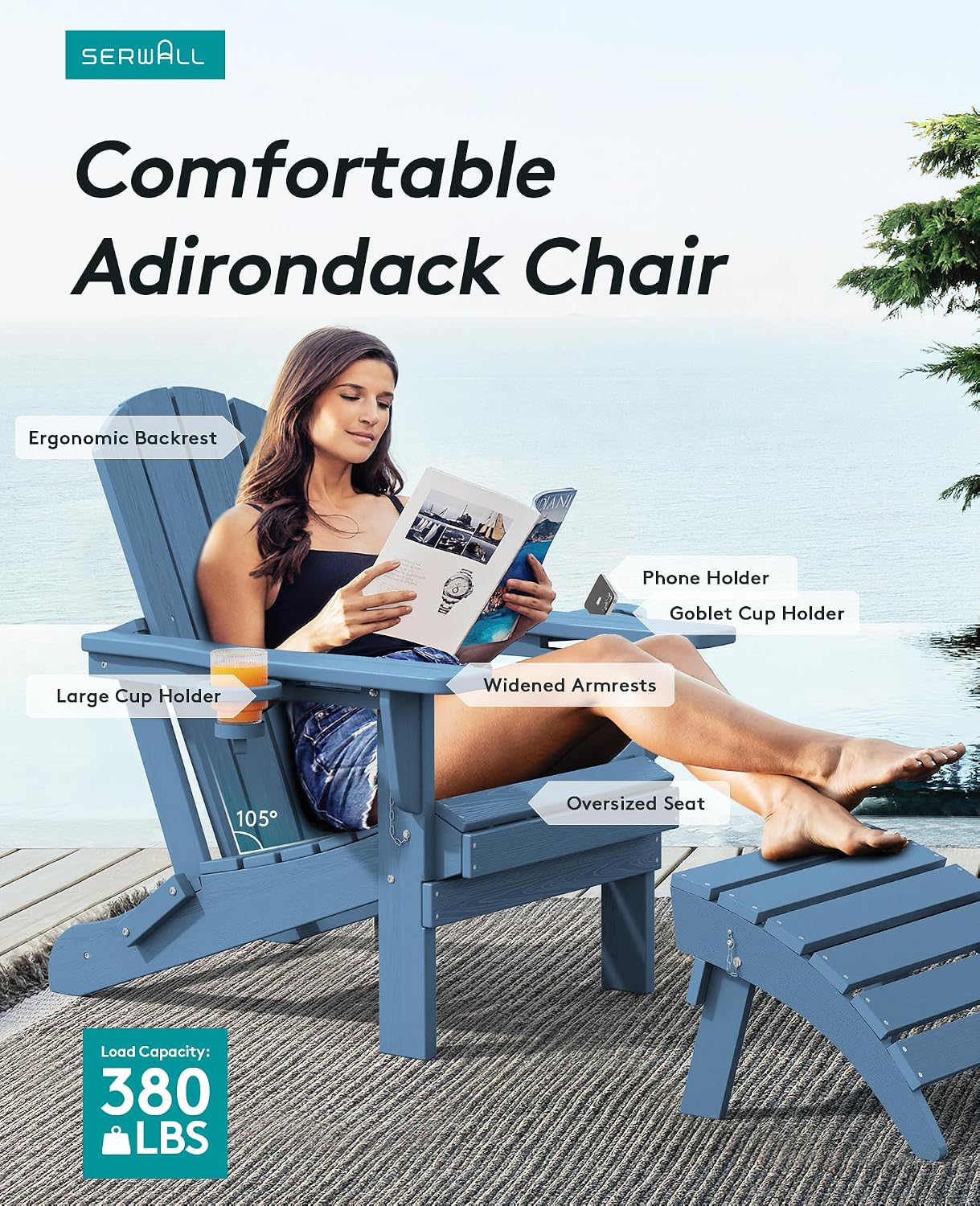 SERWALL Folding Adirondack Chairs, HDPE Adirondack Chairs Set of 4, Plastic Outdoor Chairs,Blue