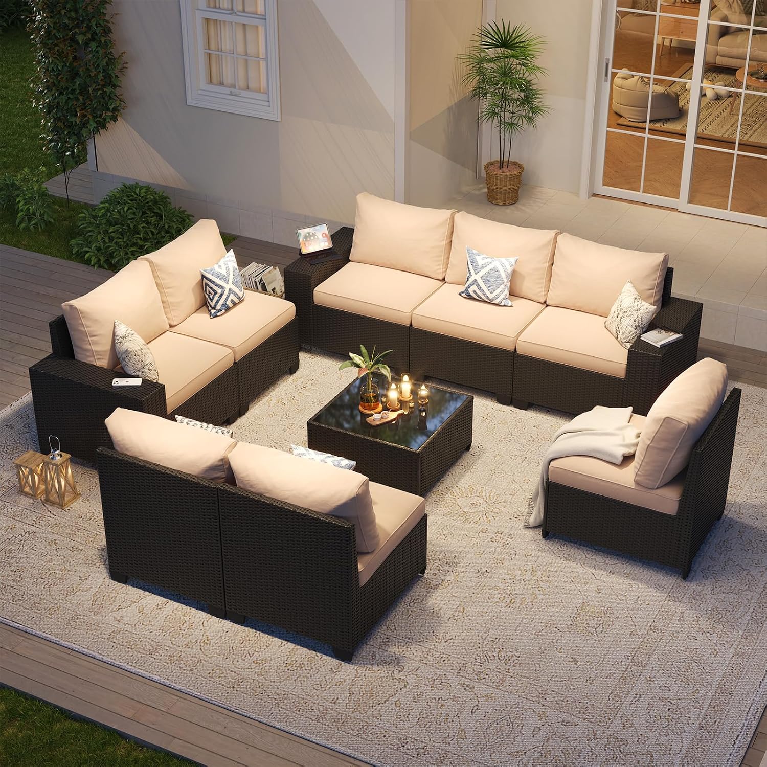 Aoxun Patio Furniture Set, 9 Pcs Outdoor Patio Furniture Sets with 4 in Thicken Cushion, Widen Armrests Wicker Outdoor Sectional for Backyard & Garden, Beige