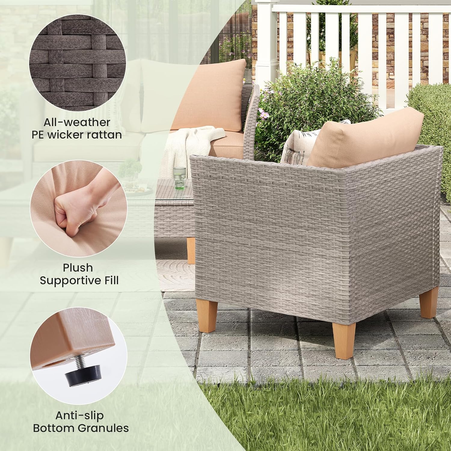 Soohow 5-Piece Patio Furniture Set, Thickened Rattan Sectional Outdoor Sofa with Glass Top Table, Reclined Backrest and Khaki Cushions