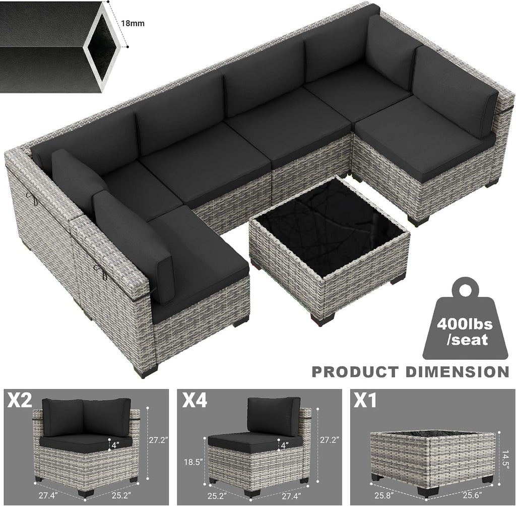 7-Piece Patio Furniture Set, Outdoor Sectional with Thick Cushions, Modular Patio Sofa, Dual-Strand Wicker Rattan, Rust-Resistant Frame, Backyard Furniture for Garden, Deck, Dark Black