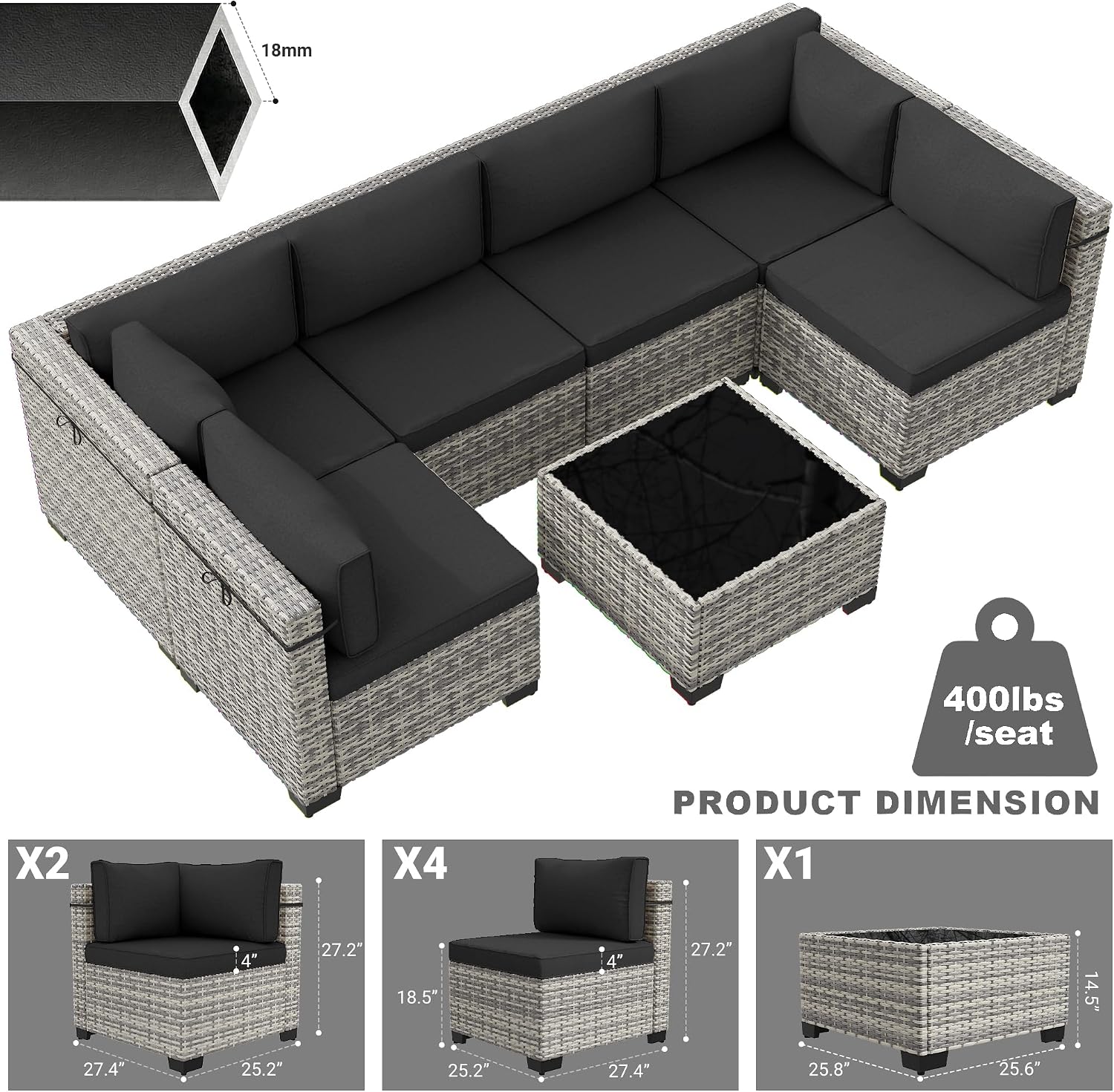 7-Piece Patio Furniture Set, Outdoor Sectional with Thick Cushions, Modular Patio Sofa, Dual-Strand Wicker Rattan, Rust-Resistant Frame, Backyard Furniture for Garden, Deck, Dark Black