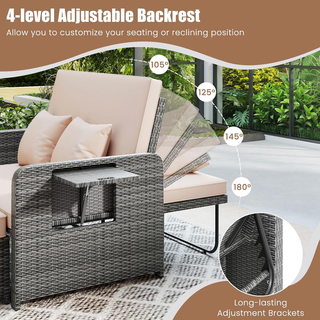 Tangkula Patio Rattan Daybed with 4-Level Adjustable Backrest, Outdoor PE Wicker Loveseat with Storage Ottoman & Folding Side Table, Double Sunbed for Balcony, Backyard & Poolside, Beige & Grey