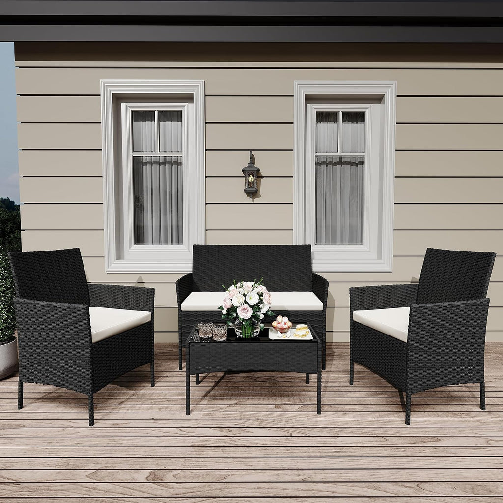 GarveeLife 4-Piece Patio Furniture Set, Rattan Outdoor Furniture with Upholstered Sofa, 2 Chairs & Coffee Table, Modern Conversation Bistro Set for Garden Backyard Porch (Black and Beige)