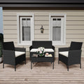 GarveeLife 4-Piece Patio Furniture Set, Rattan Outdoor Furniture with Upholstered Sofa, 2 Chairs & Coffee Table, Modern Conversation Bistro Set for Garden Backyard Porch (Black and Beige)