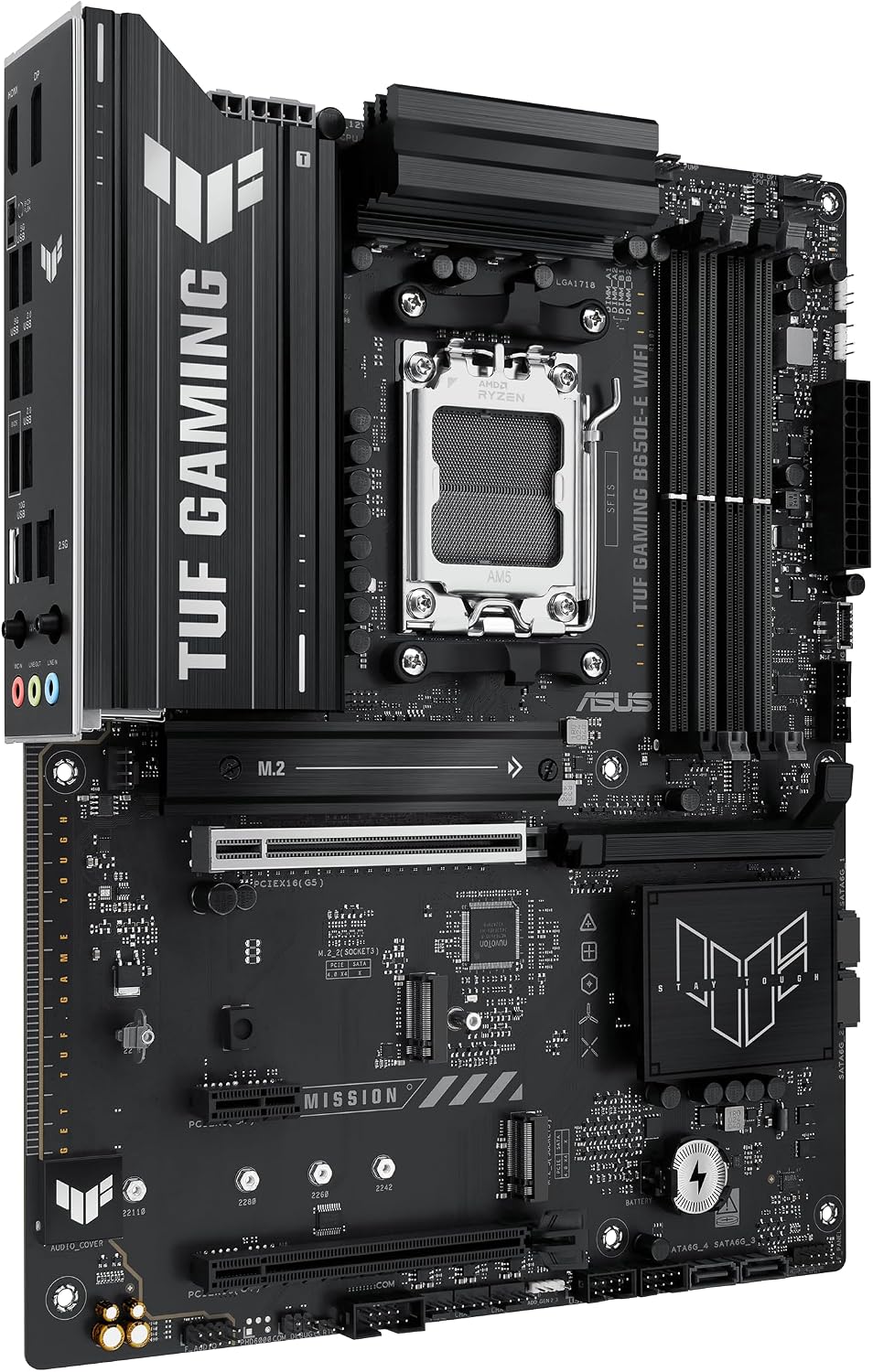 ASUS TUF GAMING B650E-E WIFI AMD AM5 B650 ATX motherboard, 8+2+1 80A DrMOS stage, DDR5, PCIe 5.0 Ready, 3x M.2, Wi-Fi 6E, 2.5 Gb LAN, DisplayPort, HDMI™, USB 20Gbps Type-C®, BIOS FlashBack™, Aura Sync