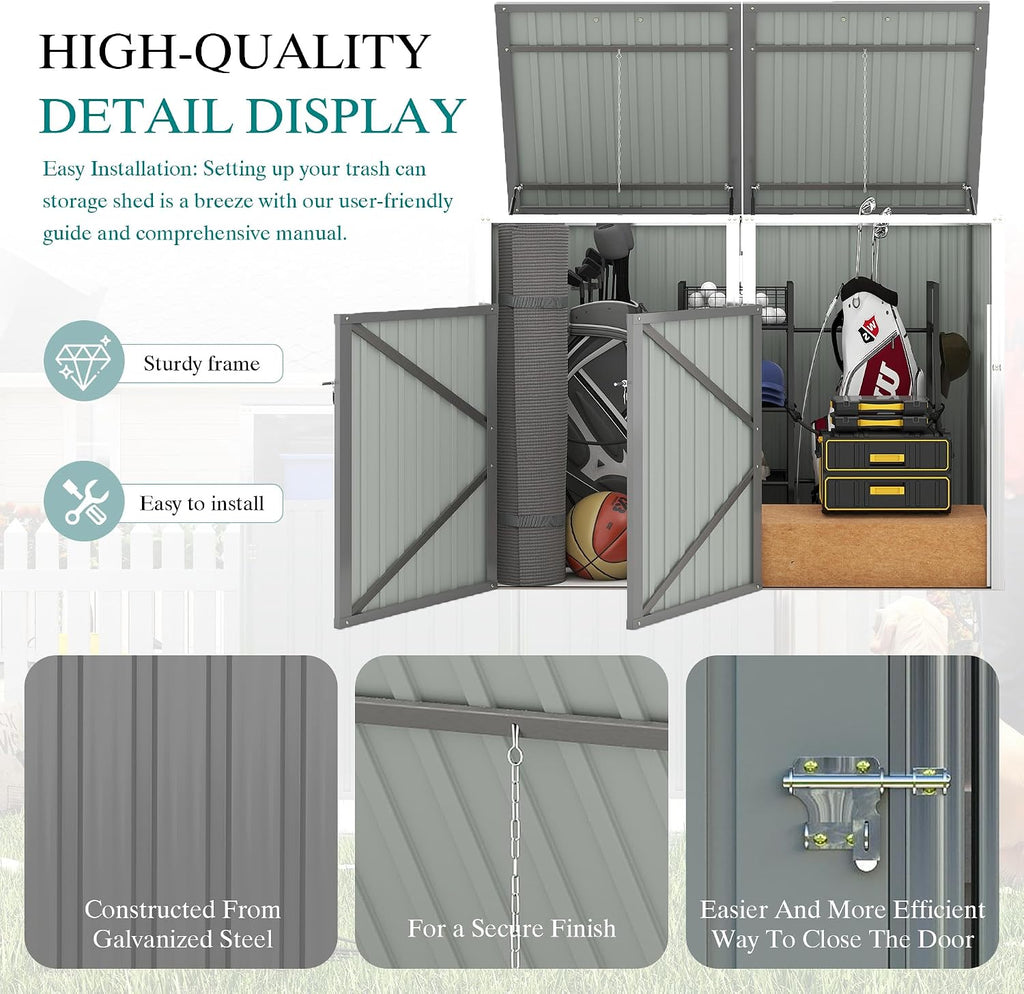 Outdoor Trash Can Storage, Garbage Bin Shed Stores 2 Trash Cans with Pneumatic Support Rod, 54 Cubic feet of Space, Metal Outdoor Storage Shed for Garbage Cans, Garden, Backyard, Patio, Light Gray