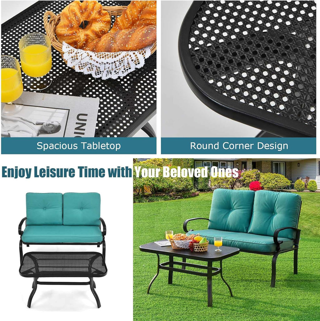 Tangkula Patio Loveseat with Table Set, 2 Seat Cushioned Sofa with Coffee Table, Patio Conversation Sofa Set with Rustproof Frame, 2 Pieces Outdoor Furniture Set for Garden, Poolside (Turquoise)