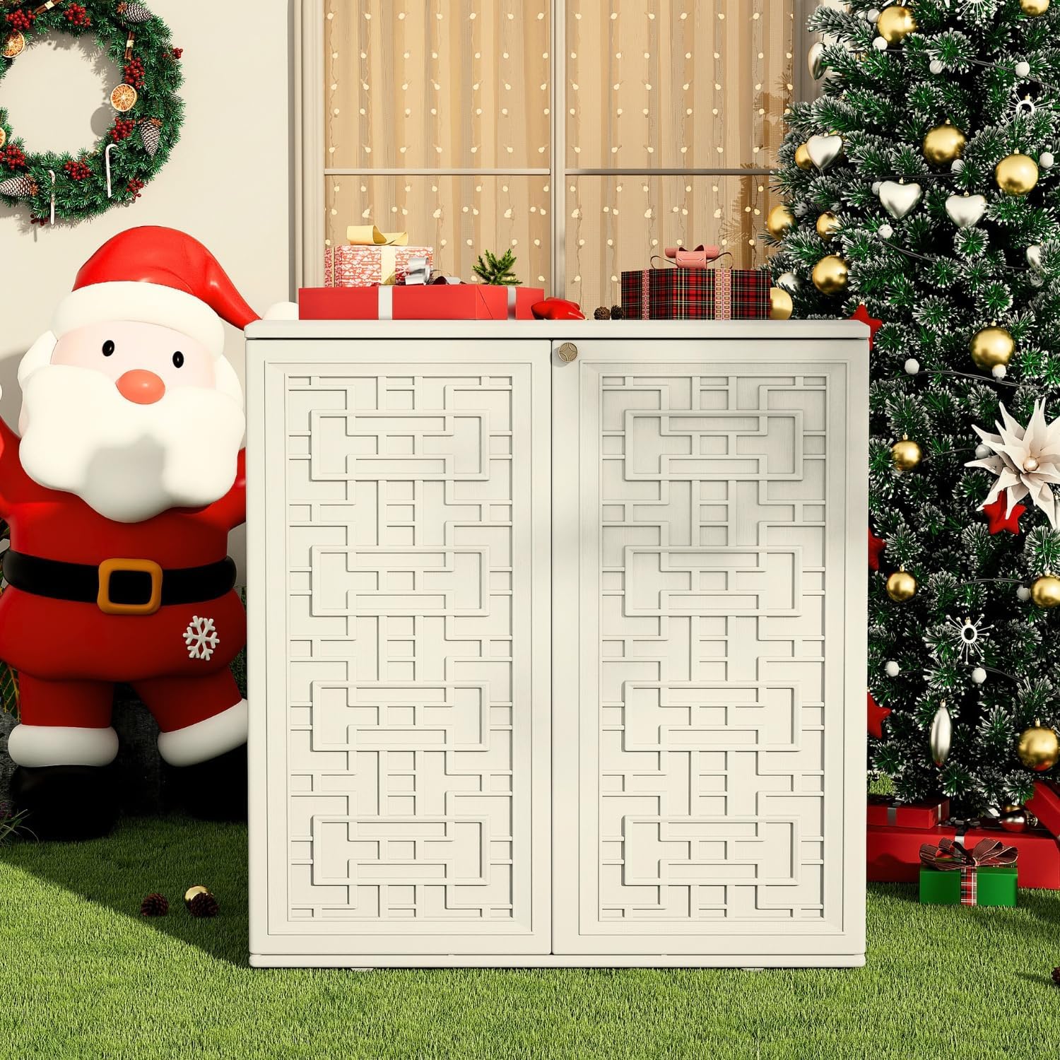 ZZM HDPE Outdoor Storage Shed, Outdoor Plastic Storage Cabinet, Horizontal Resin Tool Shed for Garden, All Weather Outdoor Storage Clearance, DIY Usage, with one Shelf (White)