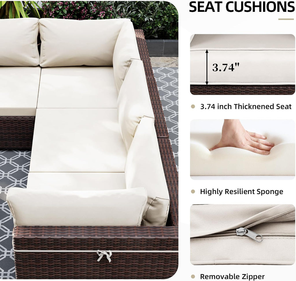 UPHA 5 Pieces Patio Furniture Sets, Wicker Outdoor Sectional Sofa Couch with Coffee Table, Patio Conversation Set for Deck Backyard Garden, Brown Rattan, White Cushion
