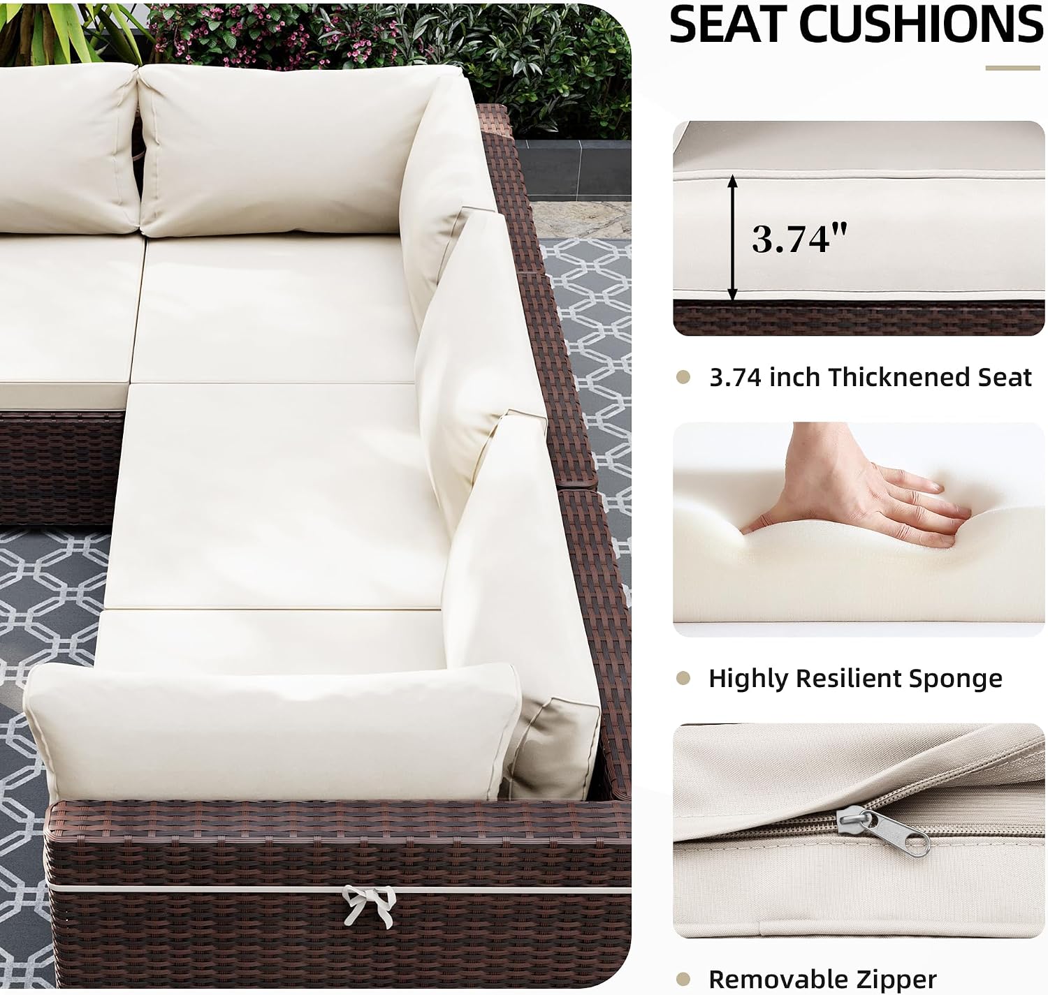 UPHA 5 Pieces Patio Furniture Sets, Wicker Outdoor Sectional Sofa Couch with Coffee Table, Patio Conversation Set for Deck Backyard Garden, Brown Rattan, White Cushion