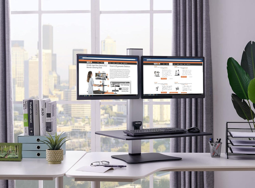 Victor Dual Monitor Electric Standing Desk Workstation, Height Adjustable Sit-Stand Converter with Dual Monitor Support, 28″ x 23″ Work Surface (DC450)