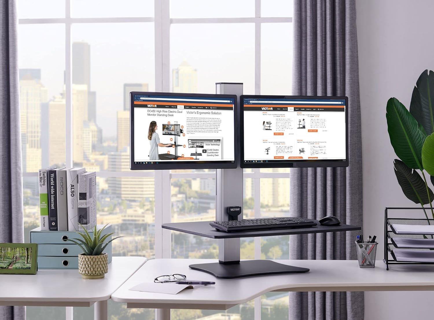 Victor Dual Monitor Electric Standing Desk Workstation, Height Adjustable Sit-Stand Converter with Dual Monitor Support, 28″ x 23″ Work Surface (DC450)