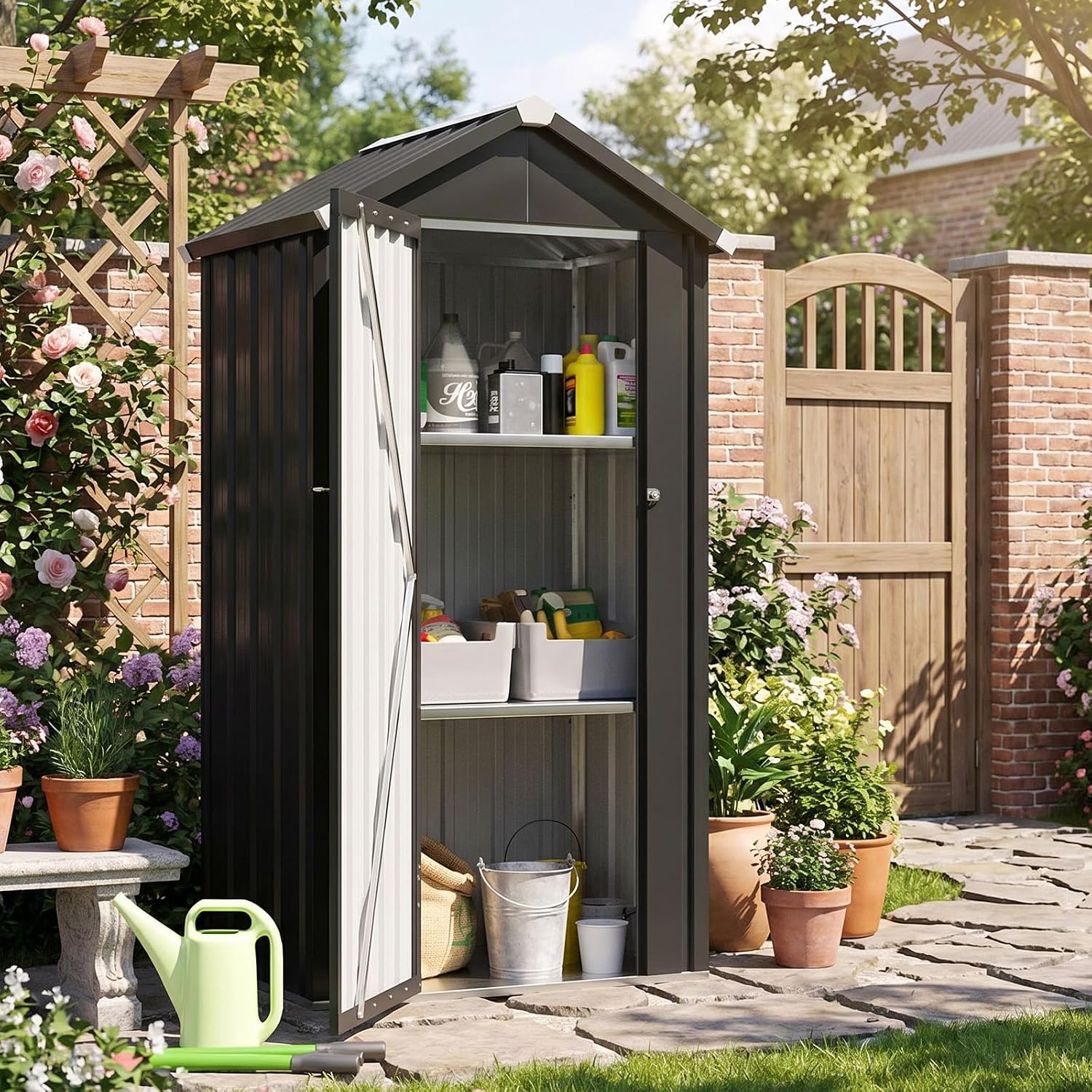 Aoxun Vertical Metal Tool Cabinet 2.5x2FT, 21 Cu.Ft Weatherproof Outdoor Storage Shed with Floor & Adjustable Shelves, Space-Saving Design for Garden, Garage, Patio