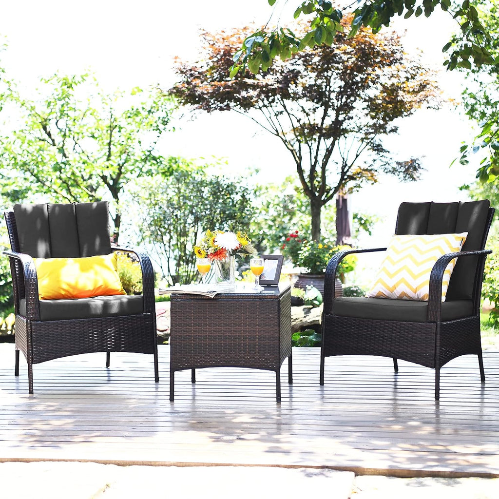 Tangkula 3 Piece Patio Furniture Set, 2 Wicker Chairs with Glass Top Coffee Table, Outdoor Garden Porch Poolside Furniture Set for 2, Rattan Conversation Set