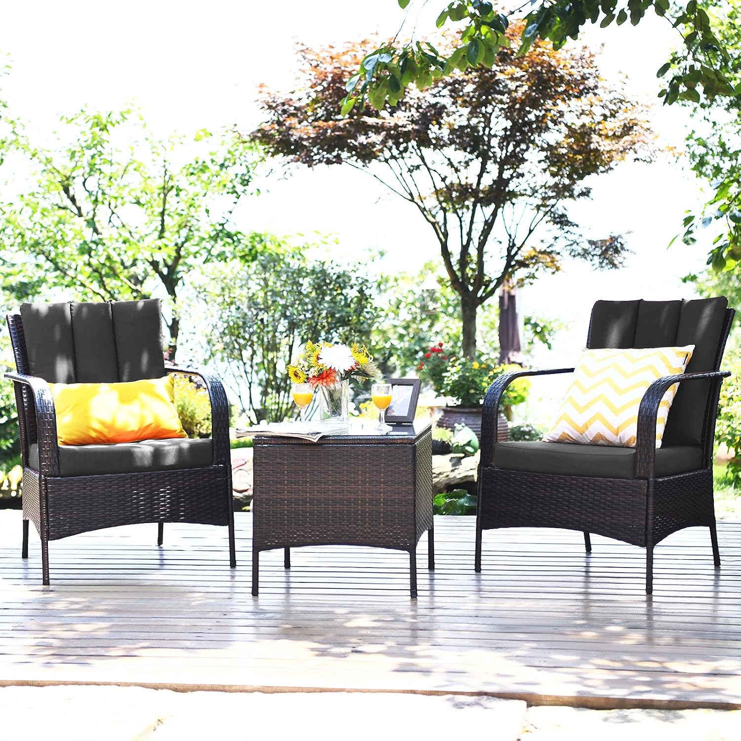 Tangkula 3 Piece Patio Furniture Set, 2 Wicker Chairs with Glass Top Coffee Table, Outdoor Garden Porch Poolside Furniture Set for 2, Rattan Conversation Set
