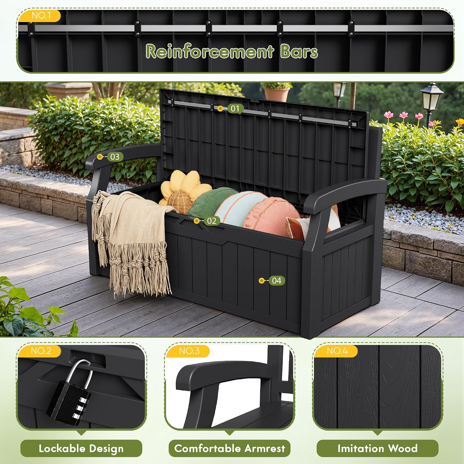 Greesum 80 Gallon Deck Box Storage Bench, Patio Furniture, Lockable, Waterproof and UV Resistant,with Armrest, Suitable for Garden, Porch, Poolside, Dark Black