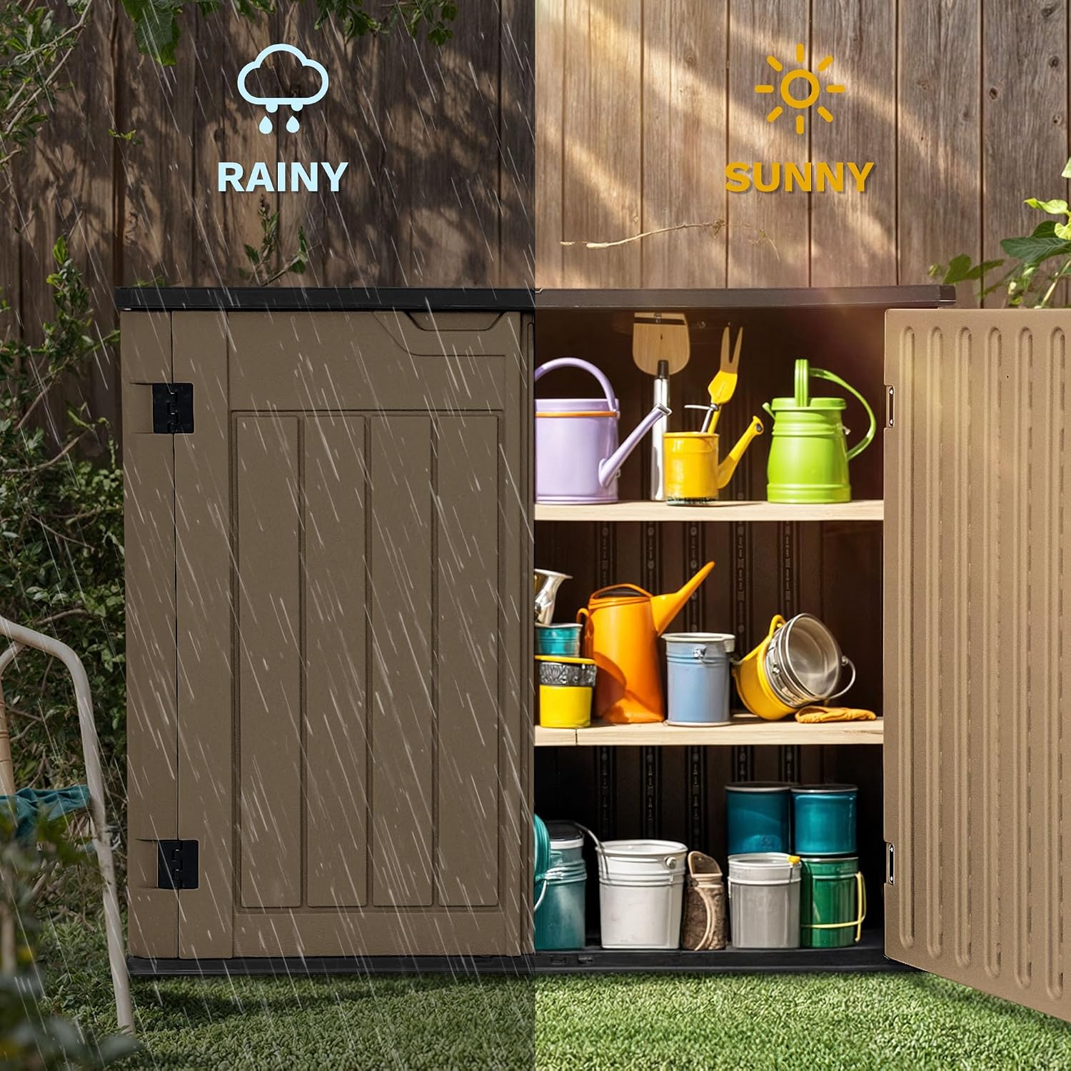 DWVO 35 Cuft Outdoor Horizontal Storage, Waterproof Resin Storage Shed with Floor and Multiple Accesses for Garden Tools, Easy Assembly, Brown (No Shelf Included)