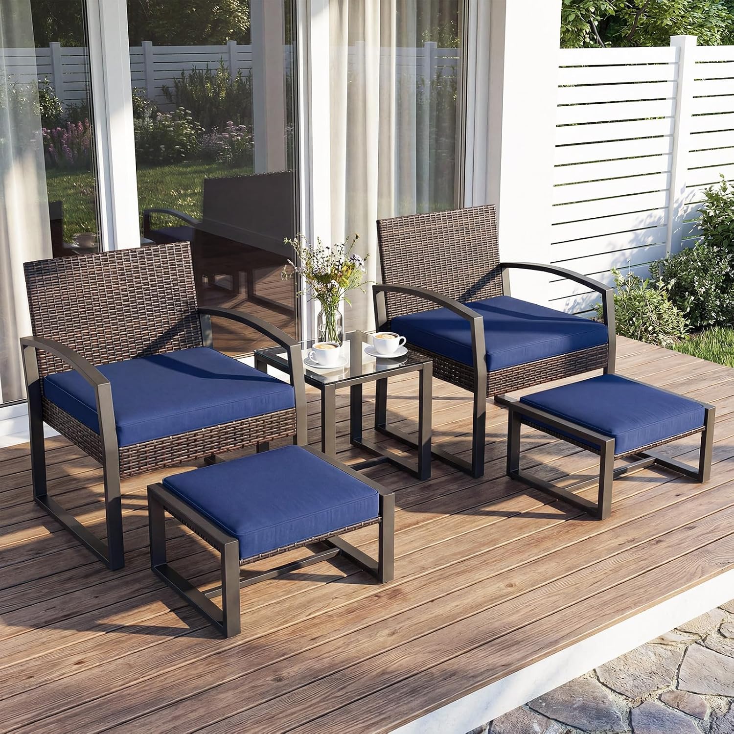 Tangkula 5 Pieces Wicker Patio Conversation Set, Outdoor PE Rattan Chair with Ottoman Set with Glass Side Table, 2-Person Small Balcony Furniture Seating Set with Cushions for Porch, Backyard, Deck