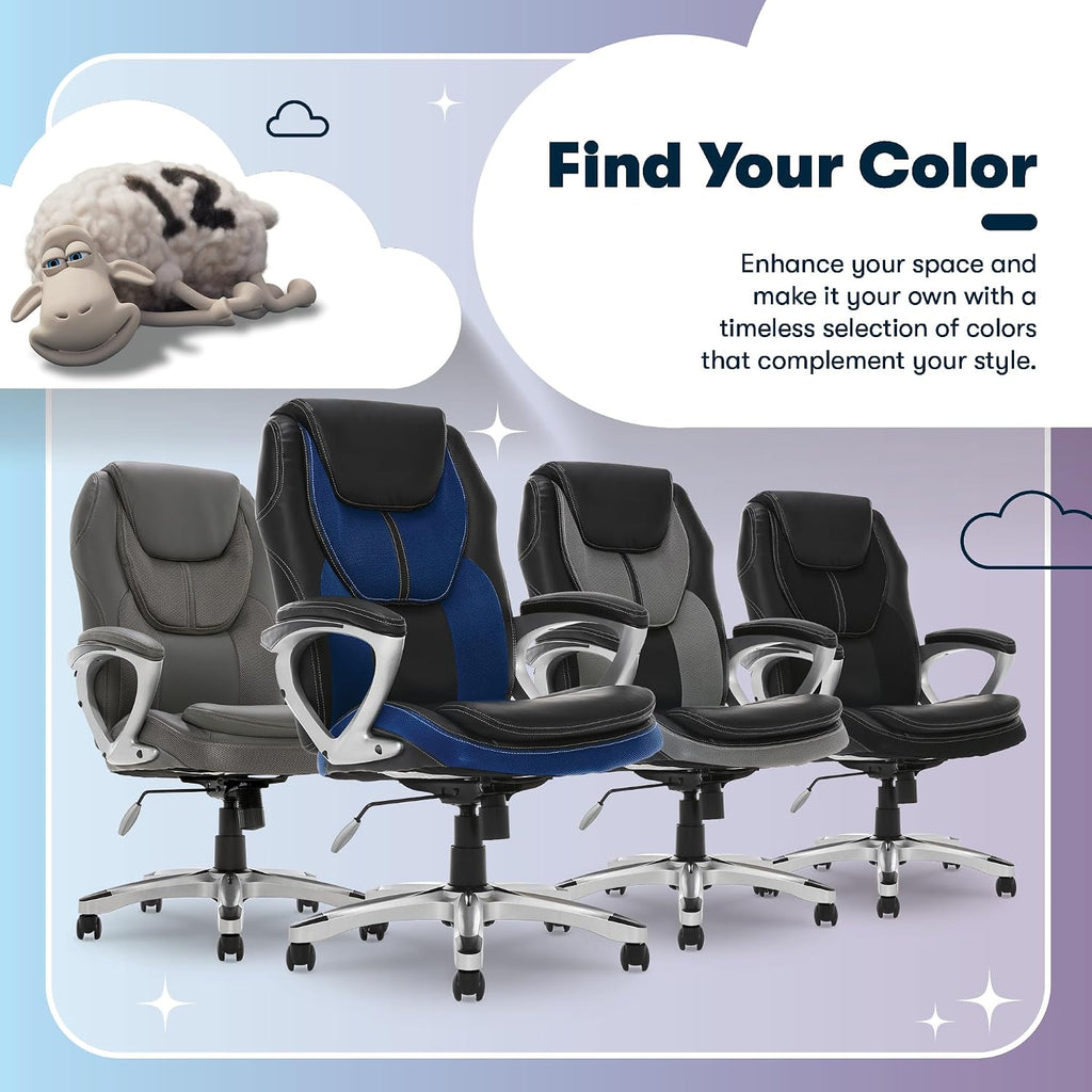 Serta Amplify Executive Office Chair with Faux Leather and Mesh, Adjustable Ergonomic Comfy Seat with Lumbar Support, Modern Computer DeskChairs, Swivel Rolling Wheels, Blue