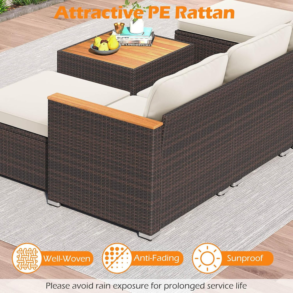 Tangkula 7 Pieces U Shape Outdoor Furniture Set, Patio Rattan Cushioned Chairs & Coffee Table Set, Outdoor Sectional Conversation Sofa with Wood Armrests & Tabletop for Backyard, Porch, Balcony
