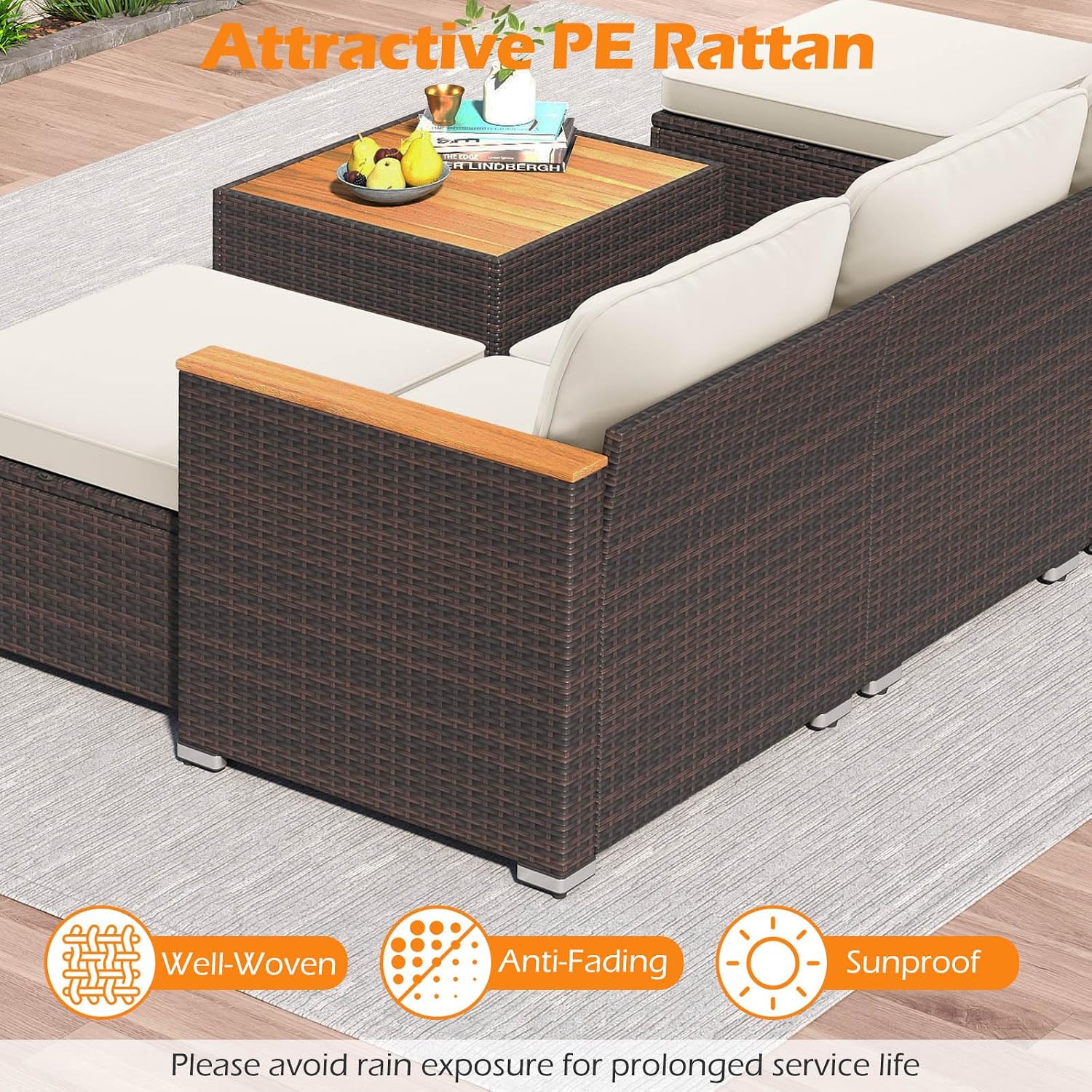Tangkula 7 Pieces U Shape Outdoor Furniture Set, Patio Rattan Cushioned Chairs & Coffee Table Set, Outdoor Sectional Conversation Sofa with Wood Armrests & Tabletop for Backyard, Porch, Balcony