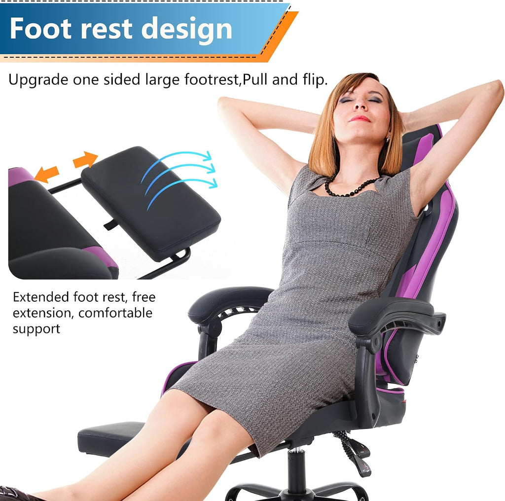 PayLessHere Ergonomic Racing Desk Chair Computer Chair Gaming Chair with Footrest Lumbar Support Headrest Armrest Task Rolling Swivel Ergonomic E-Sports Adjustable PC Gamer Chair (Purple)