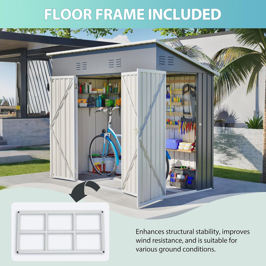 YOPTO 4x8 FT Outdoor Storage Shed with Floor Frame,Metal Shed W/Left/Right Optional Lockable Door,Heavy-Duty Garden Tool Storage House W/ 4 Air Vents & Sloping Roof,for Backyard,Patio,Lawn,Gray