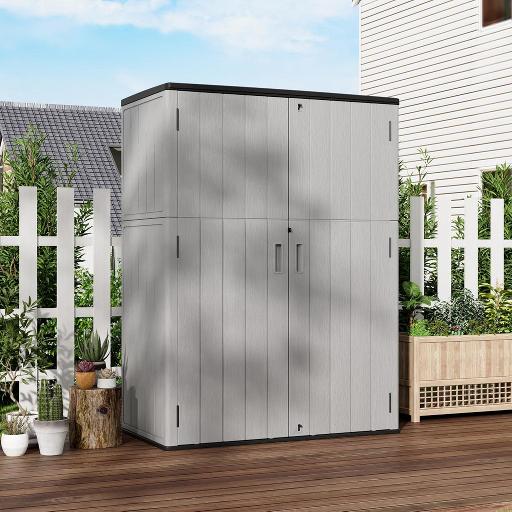 Mrosaa Vertical Storage Sheds with Floor, Sheds & Outdoor Storage Cabinet Waterproof for Garage Storage, Pool Storage, Bike Shed, Garden Shed 57Cu.ft Light Gray
