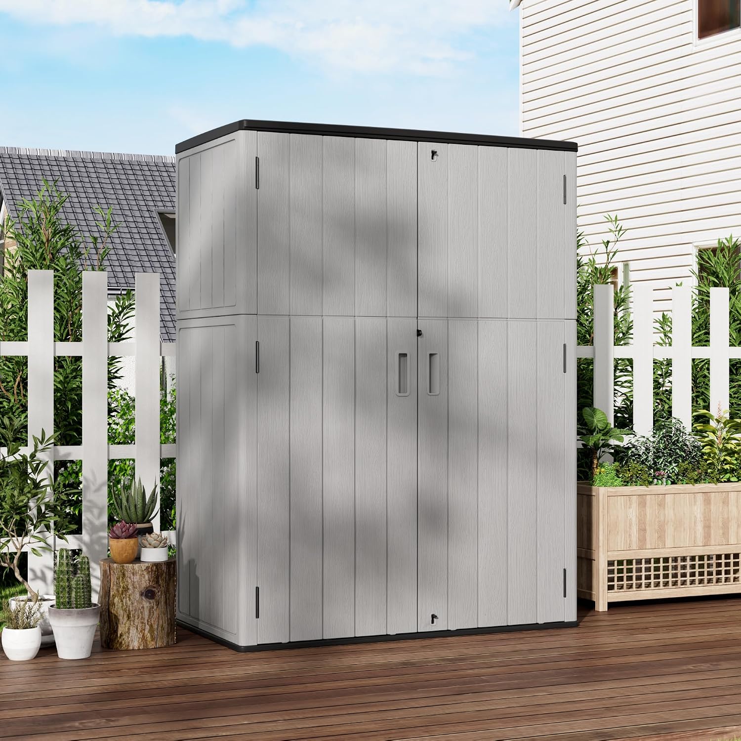 Mrosaa Vertical Storage Sheds with Floor, Sheds & Outdoor Storage Cabinet Waterproof for Garage Storage, Pool Storage, Bike Shed, Garden Shed 57Cu.ft Light Gray