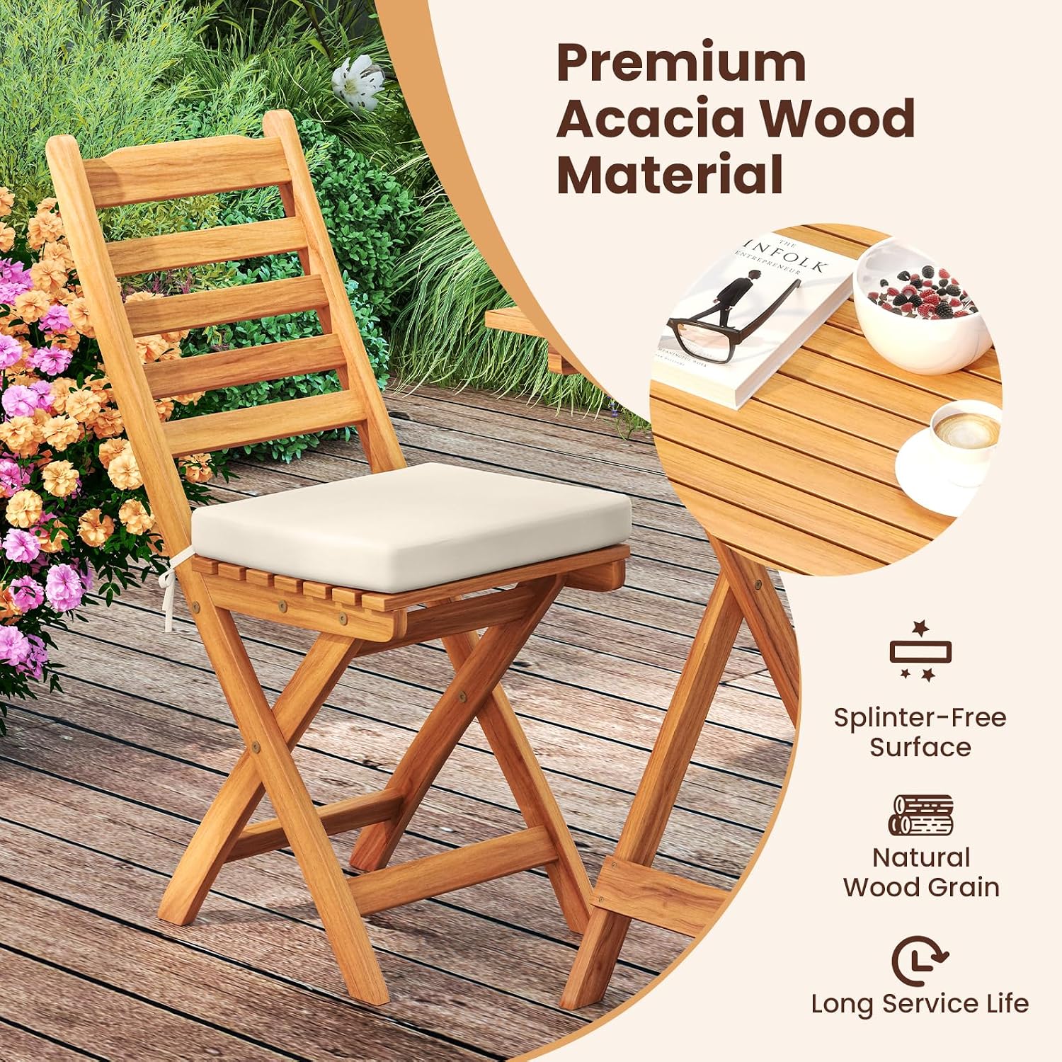 HAPPYGRILL 3-Piece Folding Bistro Set Acacia Wood Patio Furniture Set with Seat Cushions, Outdoor Square Table and Chairs Set of 2 for Backyard, Balcony, Porch, Garden (Back Style A)