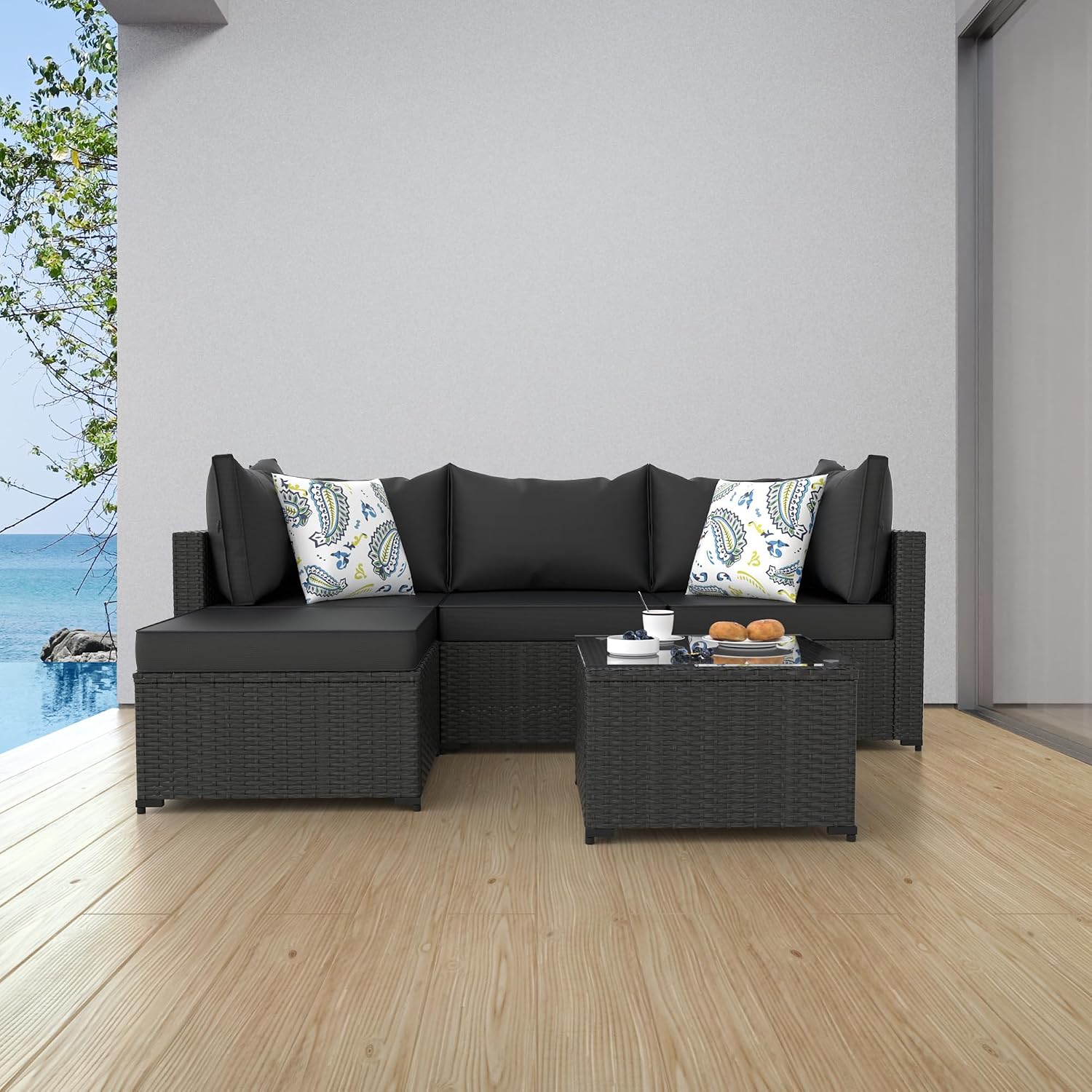 Patio Furniture Set, 5PCS Outdoor Sectional with Ottoman Wicker Rattan Patio Couch with Thickened Cushion Modular Wicker Patio Conversation Set with Glass Top Table for Balcony, Backyard (Black)