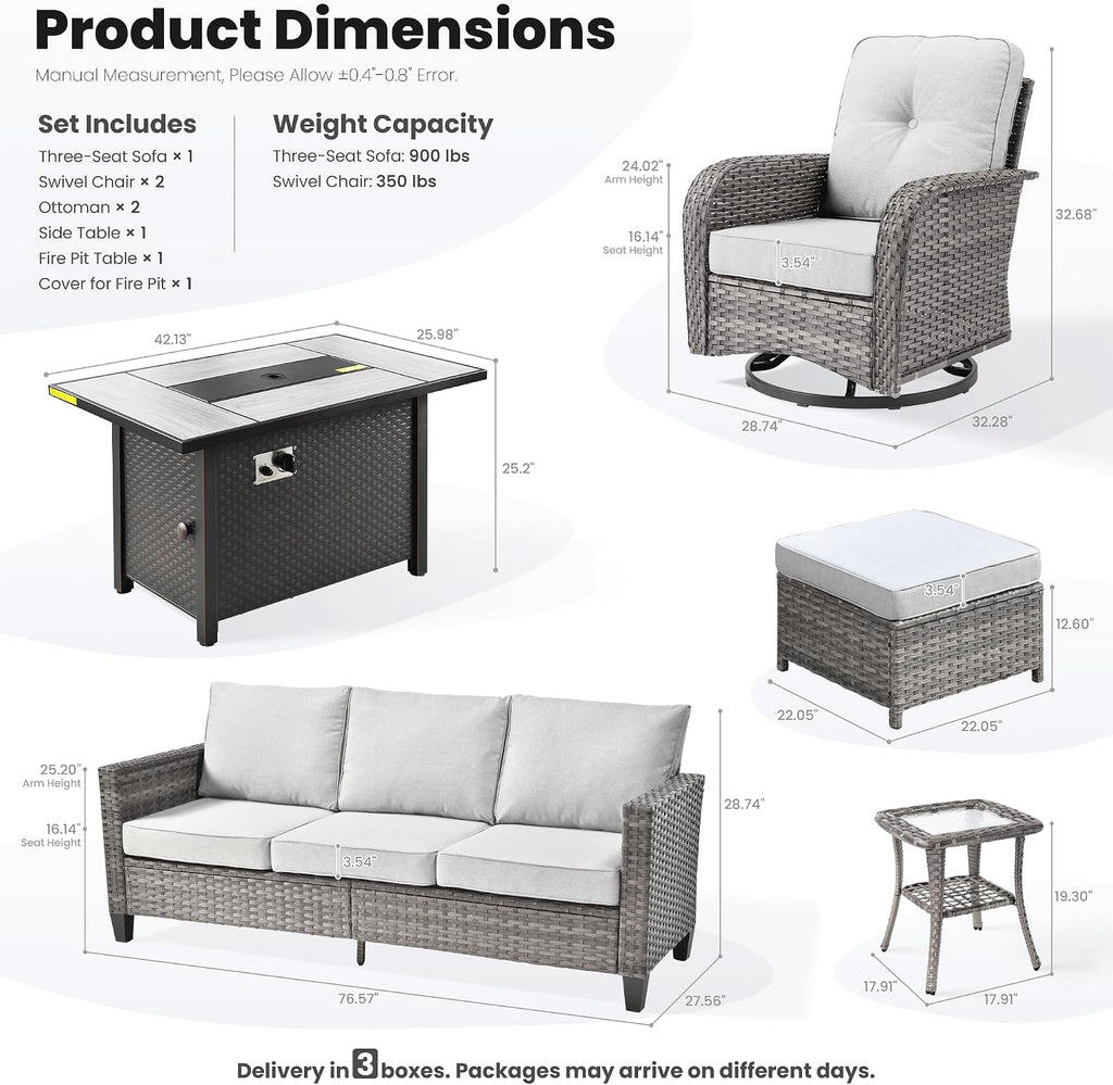 ovios 7 Pieces Patio Furniture Set, Outdoor Wicker Sofa Couch with Rocking Swivel Chairs Fire Pit Table, Modern Deep Seat Rattan Conversation Sets for Deck Porch, Grey