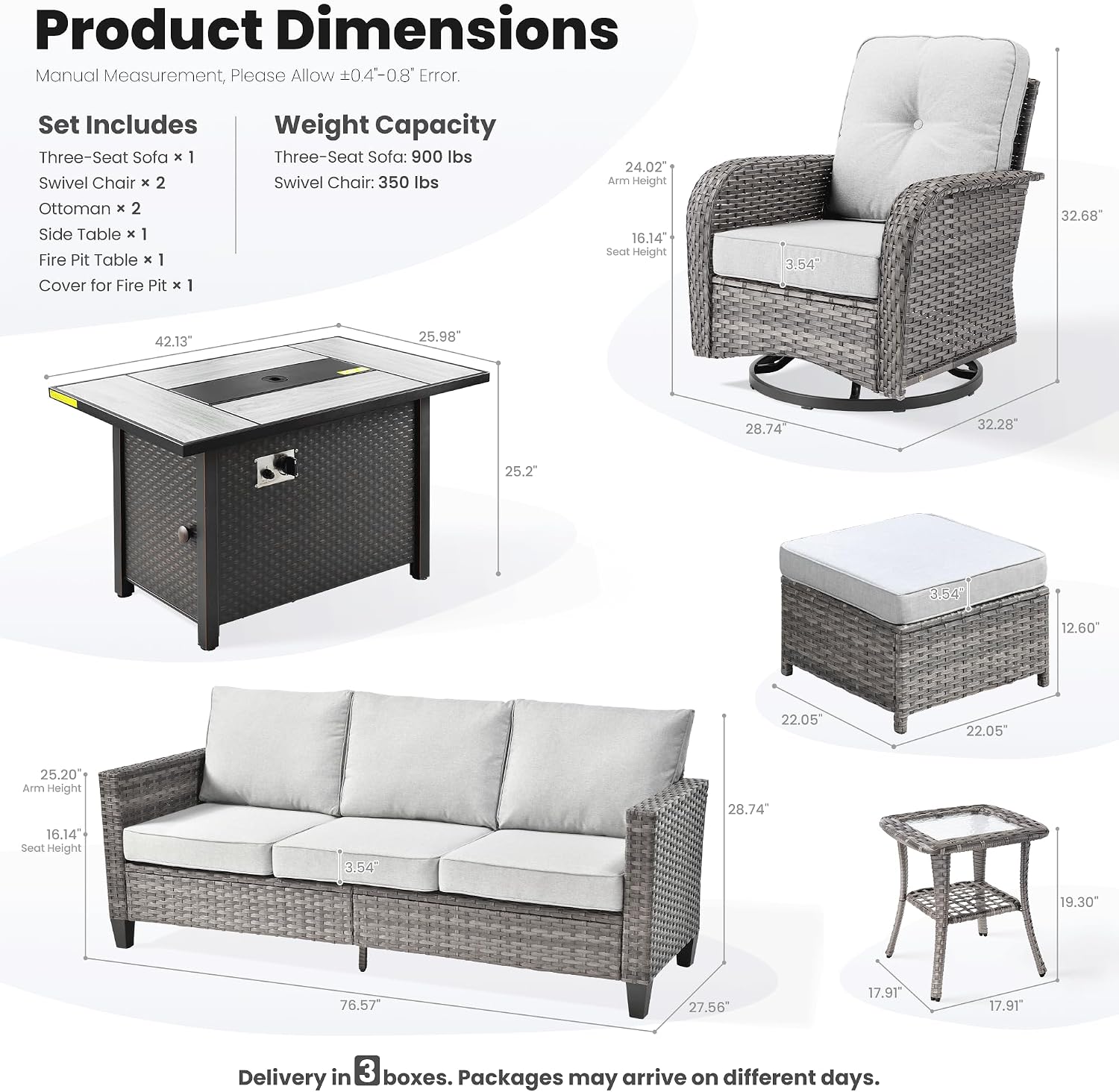 ovios 7 Pieces Patio Furniture Set, Outdoor Wicker Sofa Couch with Rocking Swivel Chairs Fire Pit Table, Modern Deep Seat Rattan Conversation Sets for Deck Porch, Grey