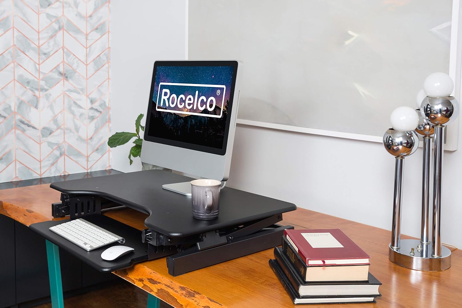 Rocelco 40' Large Height Adjustable Standing Desk Converter - Quick Sit Stand Up Dual Monitor Riser - Gas Spring Assist Computer Workstation - Retractable Keyboard Tray - Black (R DADRB-40)