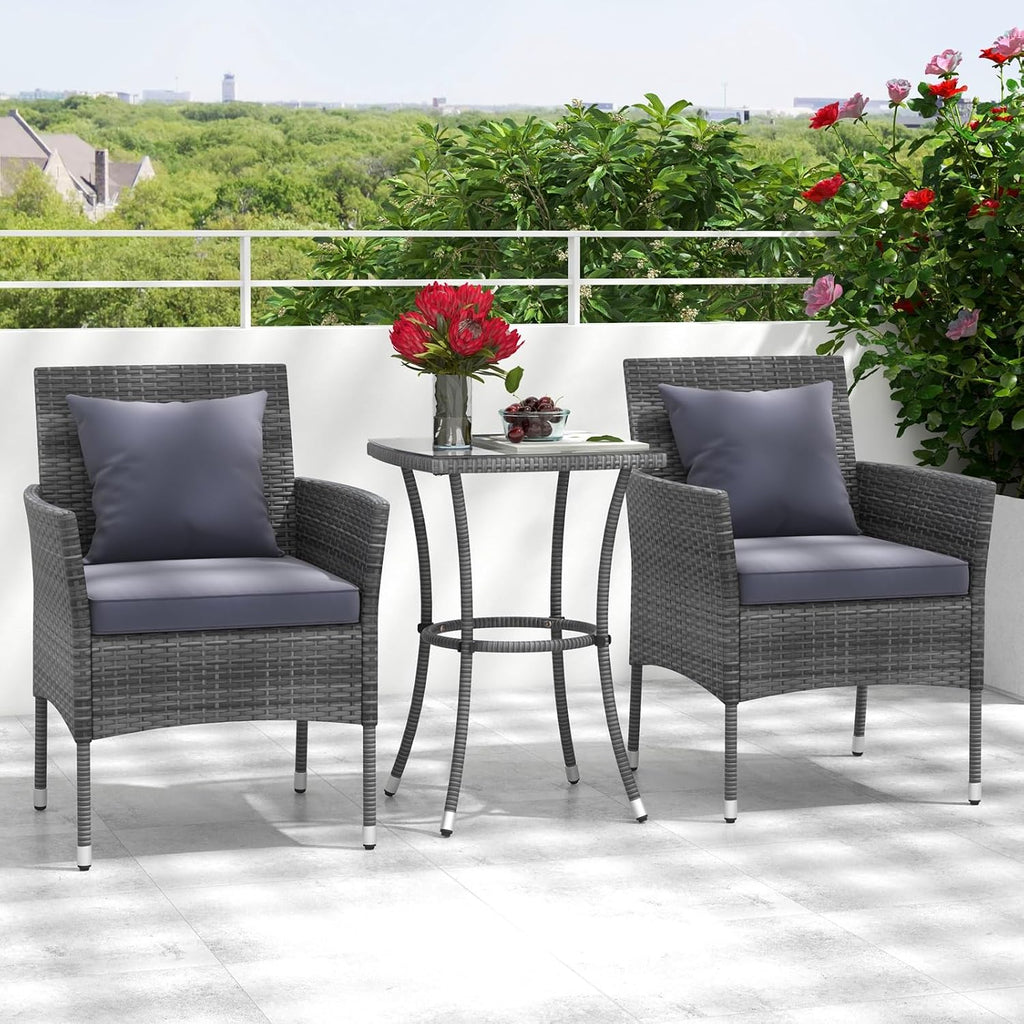 RELAX4LIFE 3-Piece Patio Furniture Set - Rattan Wicker Outdoor Furniture w/Cushions & Tempered Glass Coffee Table, Small Conversation Bistro Table and Chairs Set of 2 for Garden Porch Balcony (Grey)
