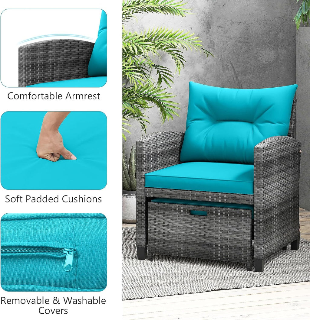 ORALNER 5 Pieces Patio Furniture Set with Ottoman, Wicker Conversation Set w/Cushions, Glass Coffee Table, Outdoor Lounger Rattan Chairs Bistro Set for Porch Balcony Garden Deck Poolside (Turquoise)