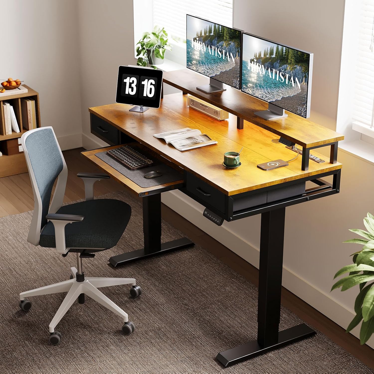 AODK Electric Standing Desk with Drawers & Keyboard Tray, 55 Inch Height Adjustable Gaming Desk with Power Outlets & LED Lights, Sit Stand Table with Monitor Stand for Home, Office, Rustic Brown