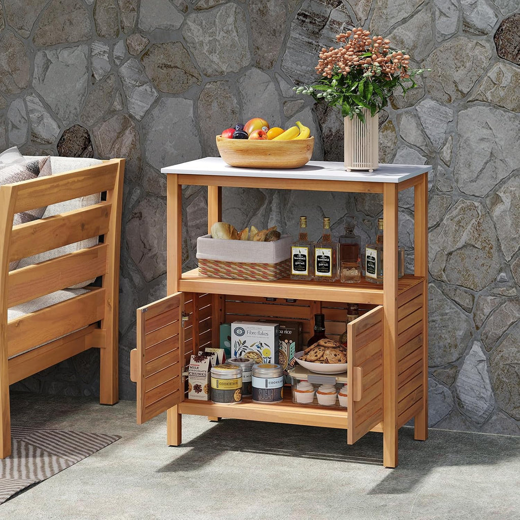 Goplus Patio Wood Storage Cabinet, Outdoor Acacia Wood Buffet Cabinet with Marble-Like Countertop, Open Shelf & 2 Doors, Sideboard Organizer for Outdoor Kitchen, Backyard, Garden