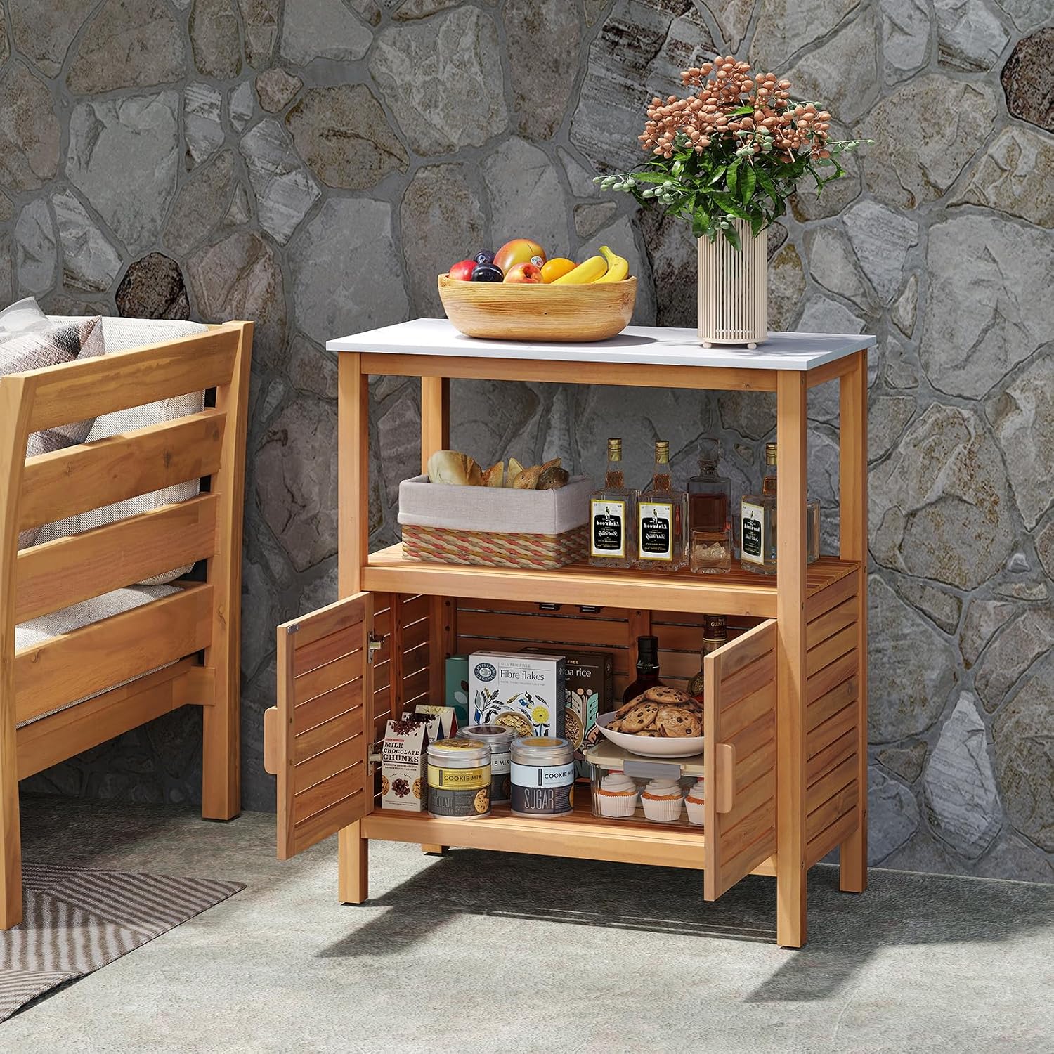 Goplus Patio Wood Storage Cabinet, Outdoor Acacia Wood Buffet Cabinet with Marble-Like Countertop, Open Shelf & 2 Doors, Sideboard Organizer for Outdoor Kitchen, Backyard, Garden