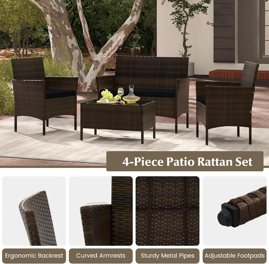 Tangkula 8 Piece Patio Rattan Conversation Set, Outdoor Wicker Furniture Set with Chair, Loveseat & Tempered Glass Table, Cozy Seat Cushions, Outside Sectional Sofa Set for Backyard, Porch (1,Black)