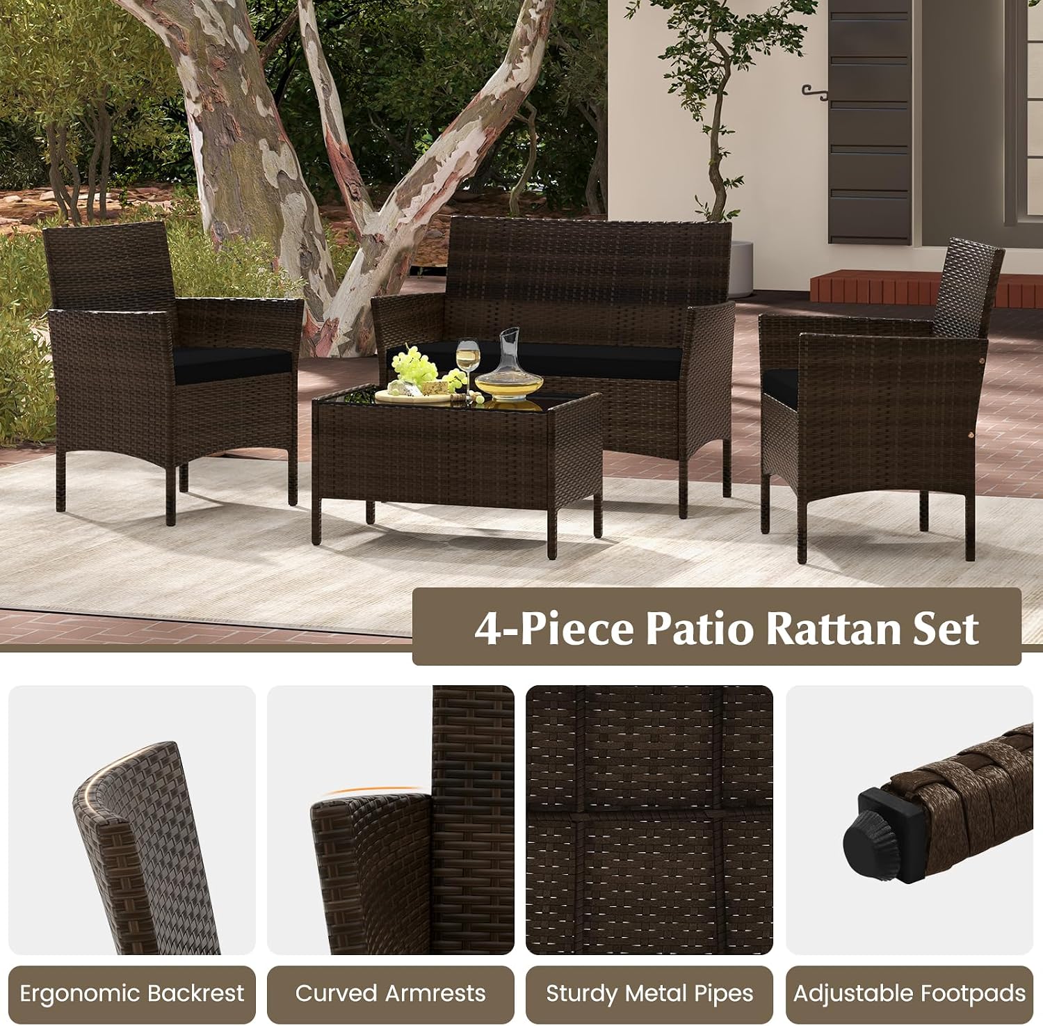 Tangkula 8 Piece Patio Rattan Conversation Set, Outdoor Wicker Furniture Set with Chair, Loveseat & Tempered Glass Table, Cozy Seat Cushions, Outside Sectional Sofa Set for Backyard, Porch (1,Black)