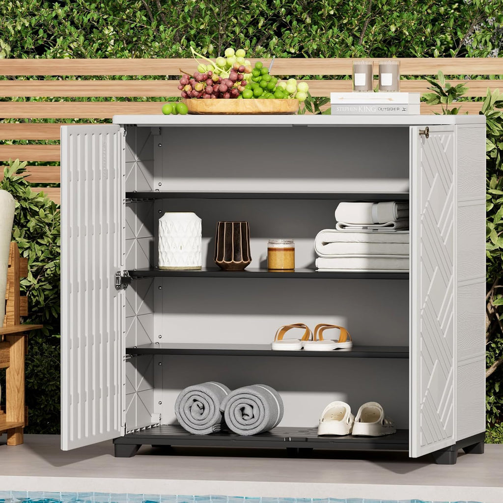 ADDOK Indoor Outdoor Plastic Storage Cabinet 34'x15'x34' with 1 Shelf, Outdoor Storage Shed for Living Room, Hallway, Balcony, Garage, Garden, Backyard-White