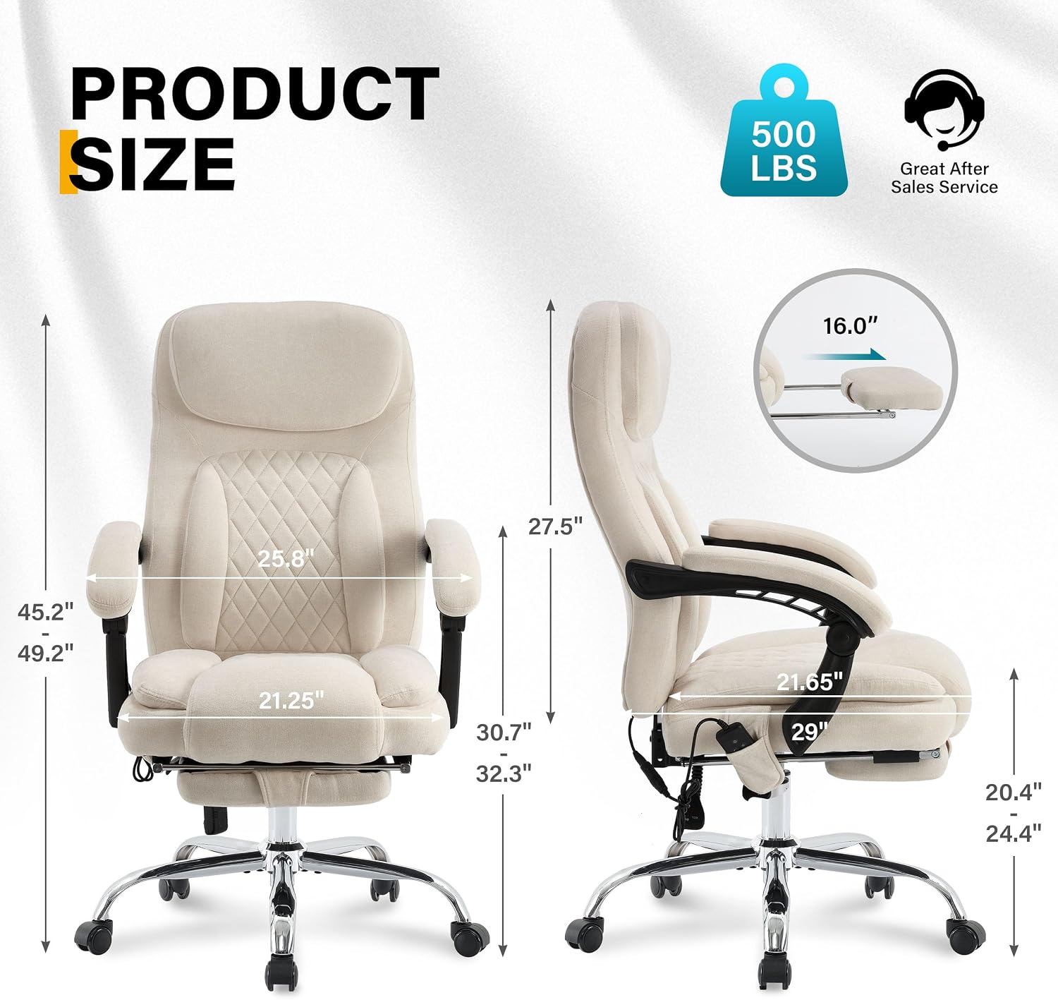 6-Point Massage Office Chair with Heated, Ergonomic Office Chair with Footrest & 45°Reclining High Back, Big and Tall Executive Office Chair 500LBS, Thick Cushion Desk Chair for Home Office, Beige