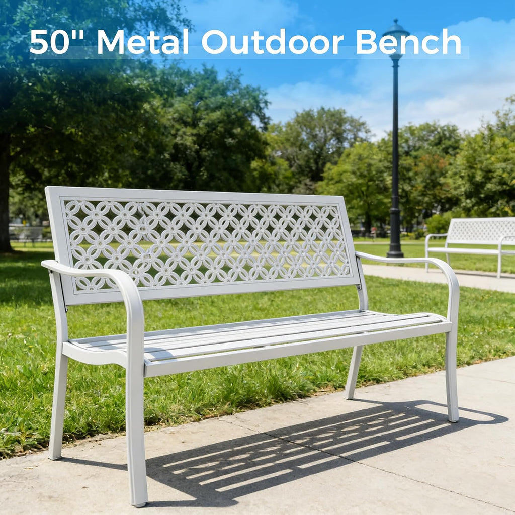Grand patio 50' Garden Bench, Outdoor Benches with Anti-Rust Metal Powder Coated Frame, Patio Bench for Front Porch Park Outside Furniture Decor,White