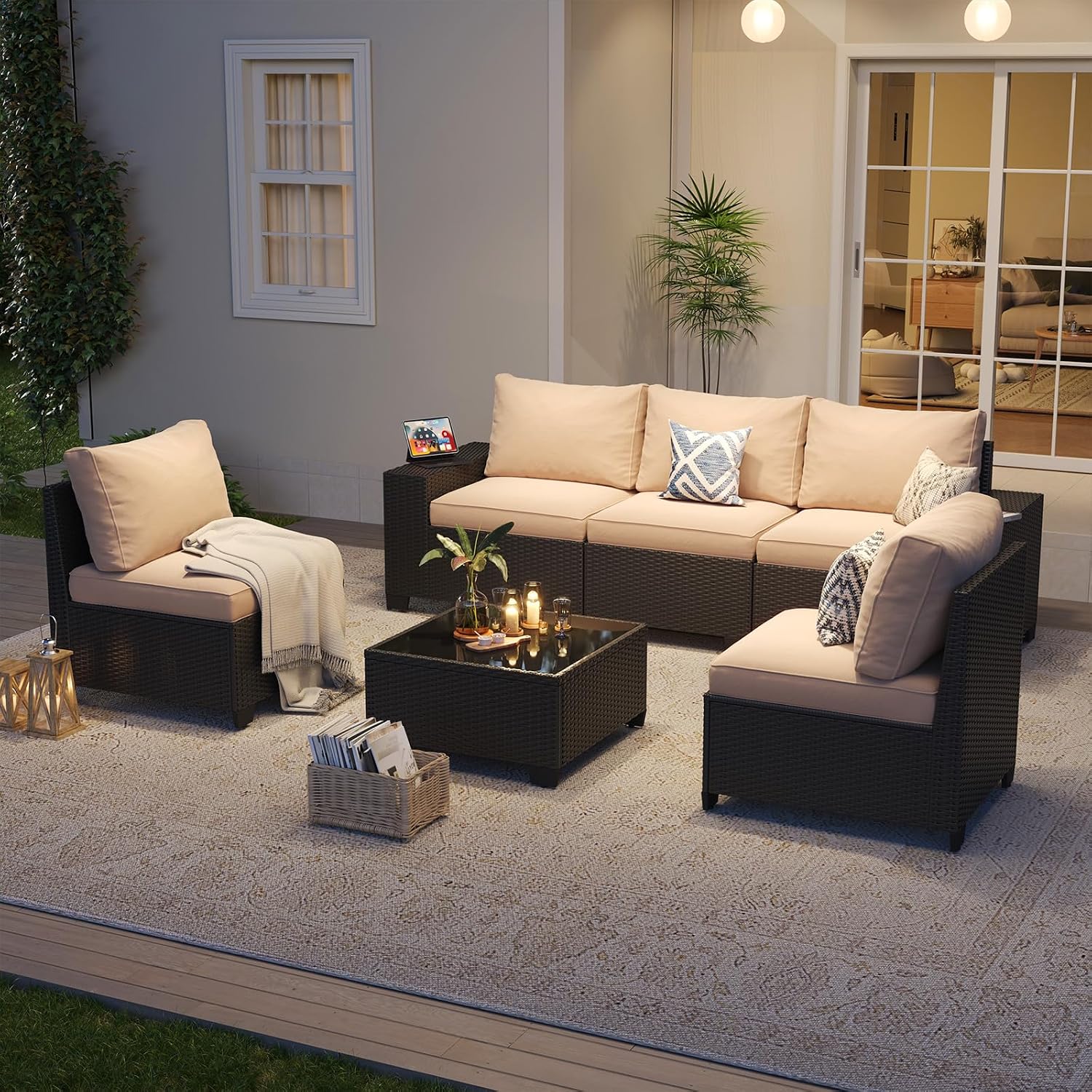 Aoxun Patio Furniture Set, 6 Pcs Outdoor Patio Furniture Sets with 4in Thicken Cushion, Widen Armrests Wicker Outdoor Sectional for Backyard